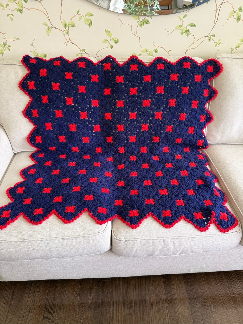 Vintage Handmade Navy and Red Crochet Afghan